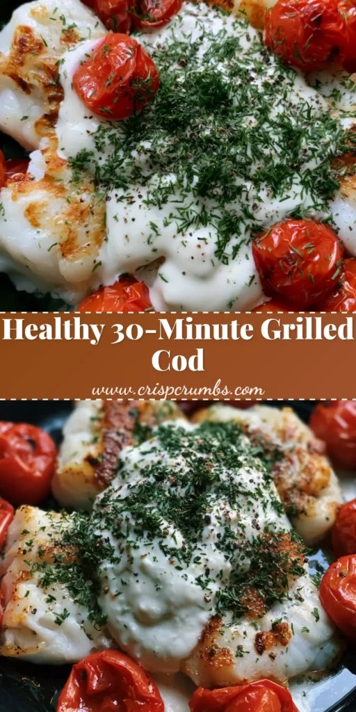 A top-down view of a Grilled Cod Recipe in a cast iron skillet with blistered tomatoes and a creamy white dill sauce garnish.