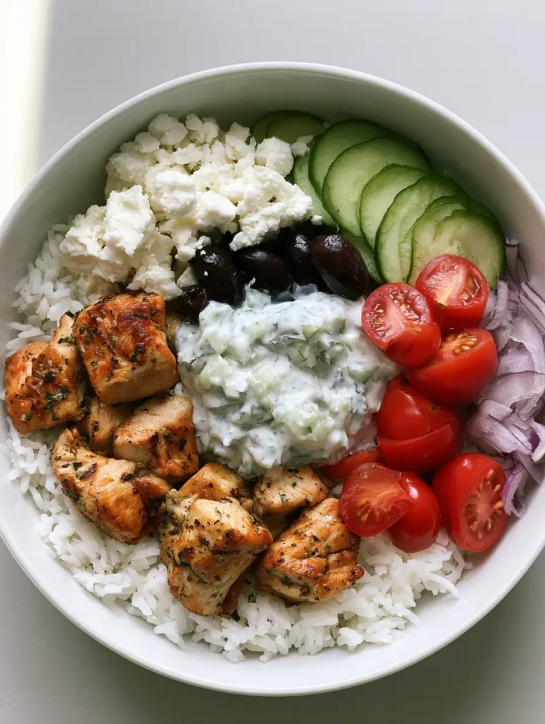 Deconstructed Chicken Gyro Bowls with creamy tzatziki sauce, feta cheese, and kalamata olives.