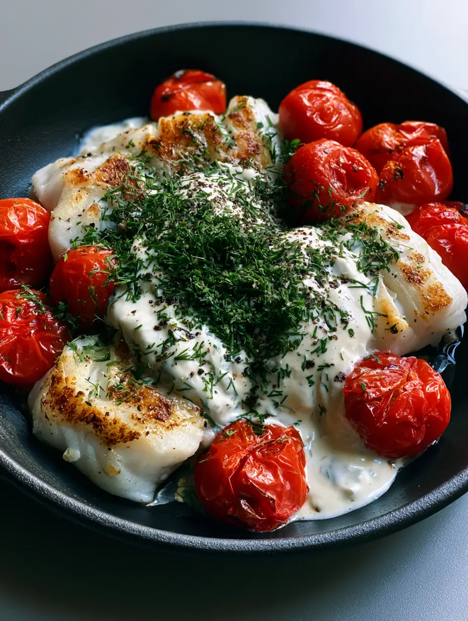 Handheld photo of flaky grilled cod fillets with golden sear marks and thick white dill sauce. (Grilled Cod Recipe)