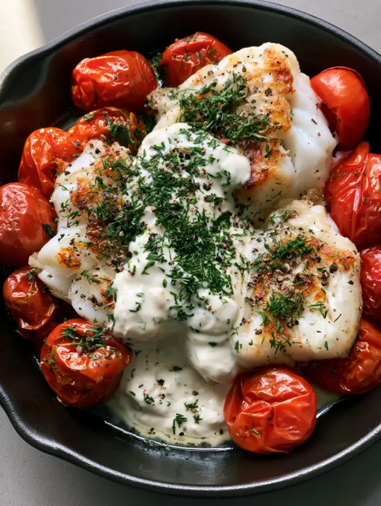 Close up of blistered cherry tomatoes and grilled cod with fresh dill garnish. (Grilled Cod Recipe)