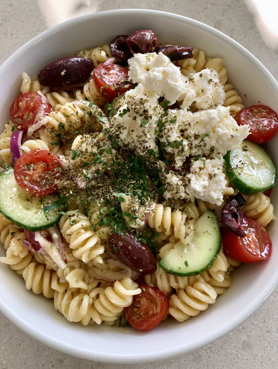 Close-up of Mediterranean Pasta Salad in a white ceramic bowl featuring halved cherry tomatoes and cucumber half-moons.