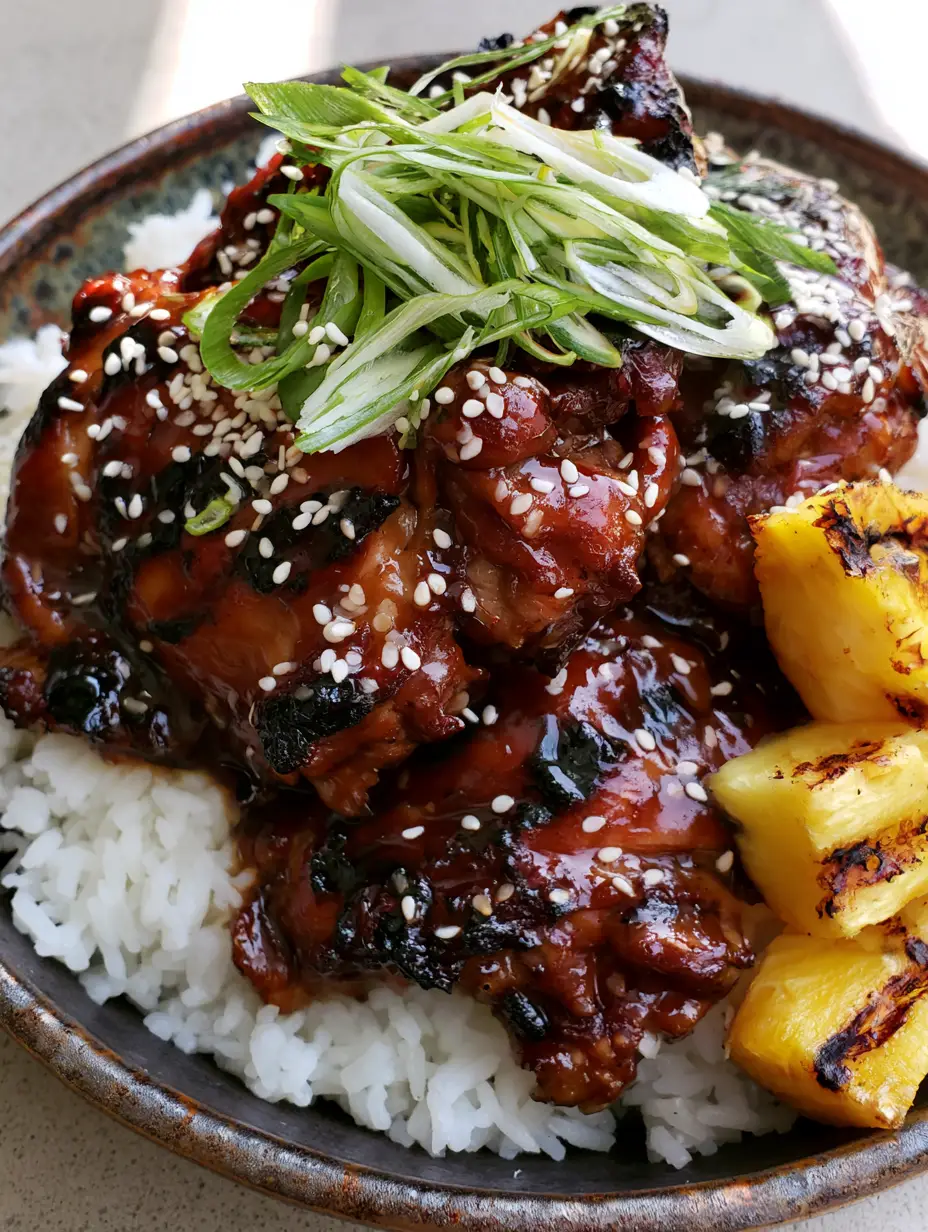 Close-up of glossy Hawaiian Teriyaki Chicken with black grill marks and green onion garnish.