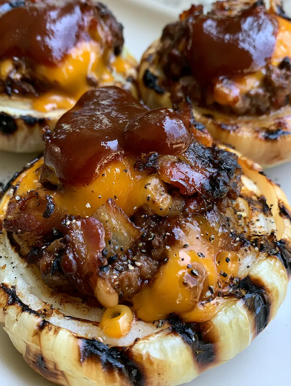 Stuffed Onion Bombs shown with distinct dark grill marks on charred yellow onion shells.