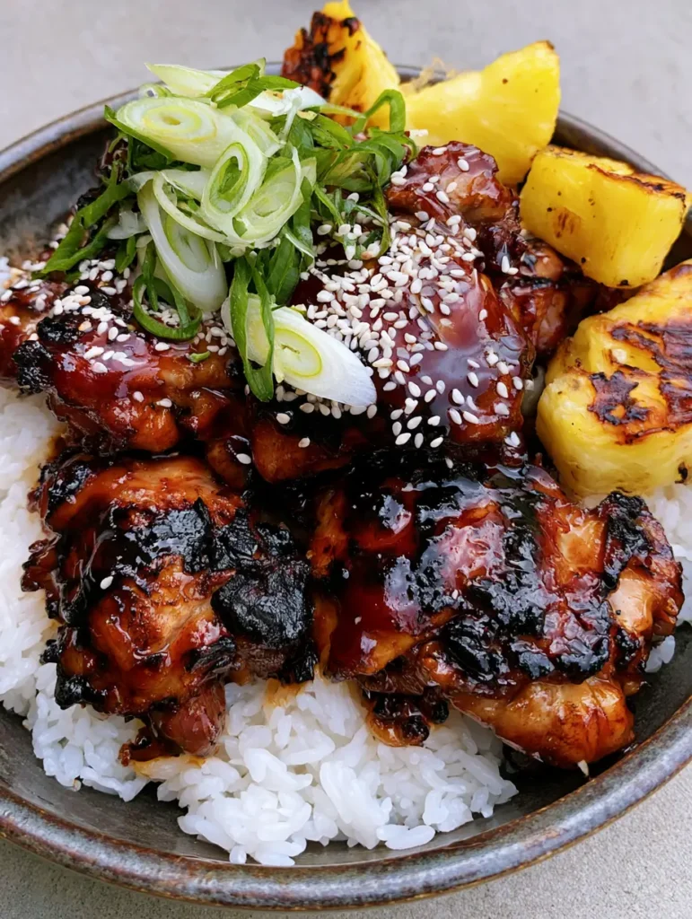 Grilled Hawaiian Teriyaki Chicken served in a dark ceramic bowl with toasted sesame seeds and grilled pineapple.