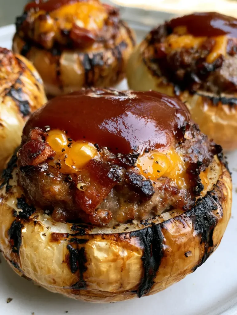 A cross-section view of Stuffed Onion Bombs revealing juicy ground beef, crispy bacon, and melted orange cheddar bubbles.