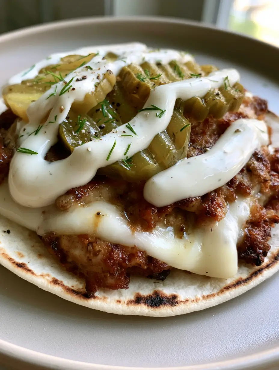 Close-up smartphone photo of Dill Pickle Ranch Smash Chicken Tacos with melted cheese and fresh dill flecks.