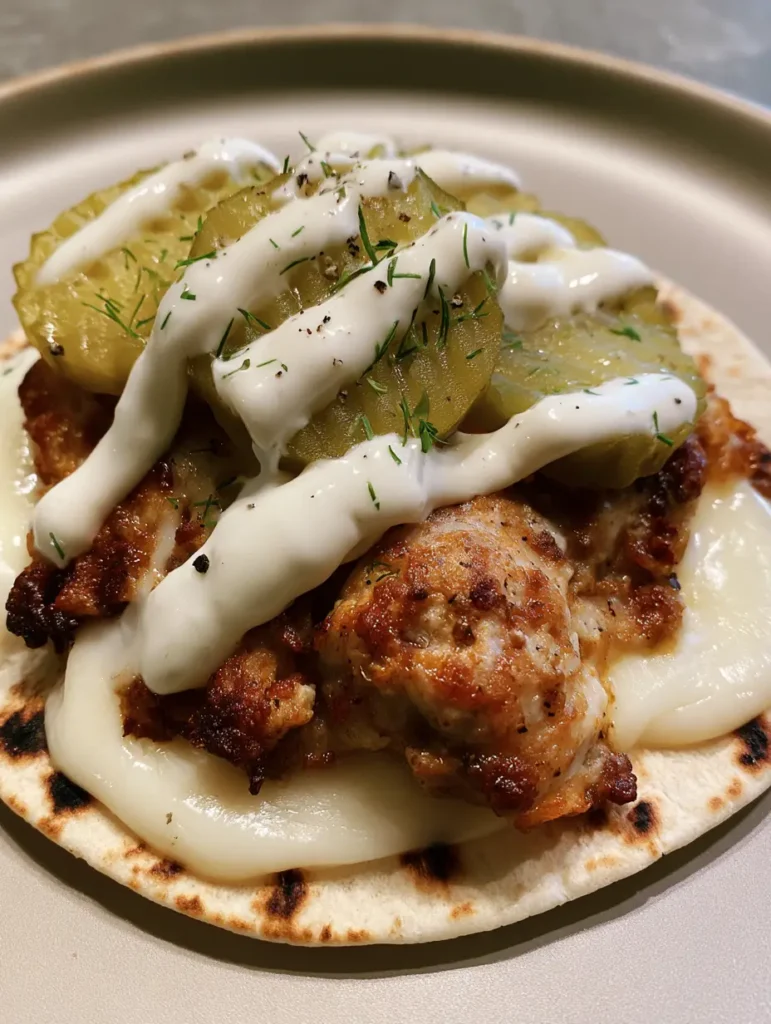 Smashed chicken taco on a neutral plate showing the thick ranch zigzag and black pepper grains.