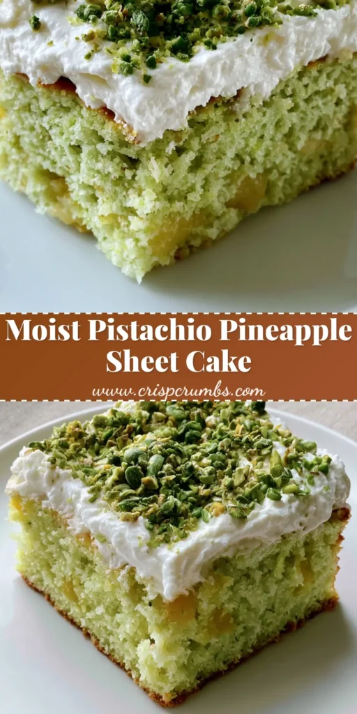 A rectangular slice of Pistachio Pineapple Cake on a white plate with dense pistachio topping and whipped frosting.