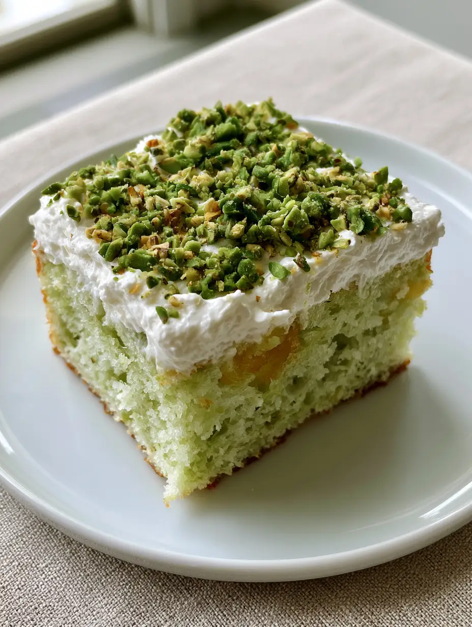 Close up of a moist green Pistachio Pineapple Cake sponge with golden pineapple bits.