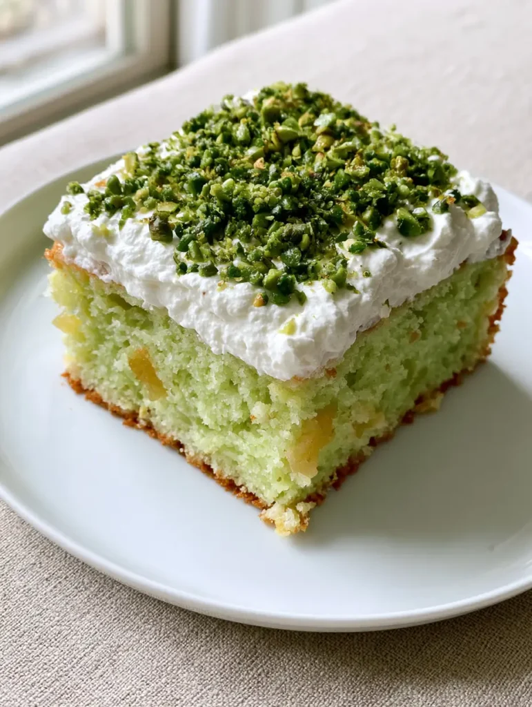 A thick layer of white whipped frosting topped with emerald green chopped pistachios on a Pistachio Pineapple Cake.