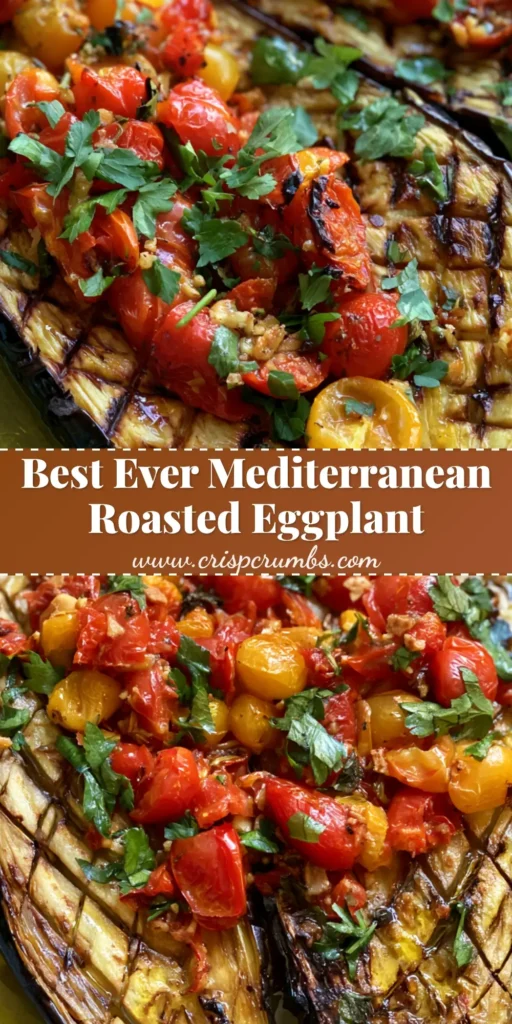 A high-angle shot of two halves of Mediterranean Roasted Eggplant with charred edges and blistered cherry tomatoes in a blue dish.