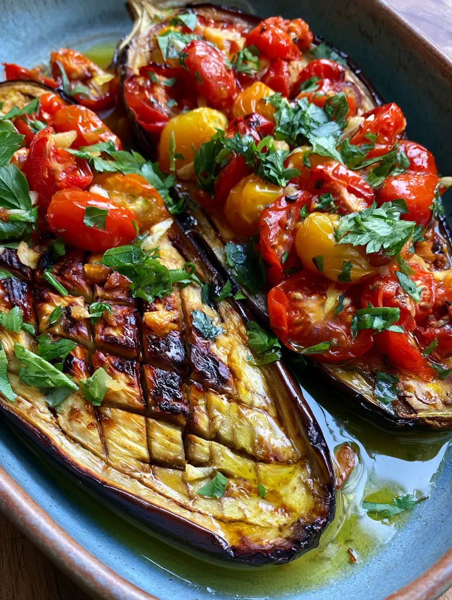 Close-up of golden brown Mediterranean Roasted Eggplant halves with deep cross-hatch scoring and glistening olive oil.