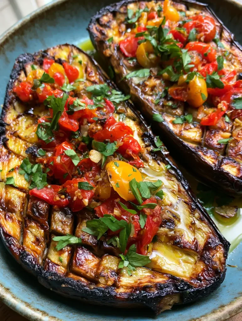 Roasted eggplant halves topped with blistered red and yellow cherry tomatoes and fresh green parsley.