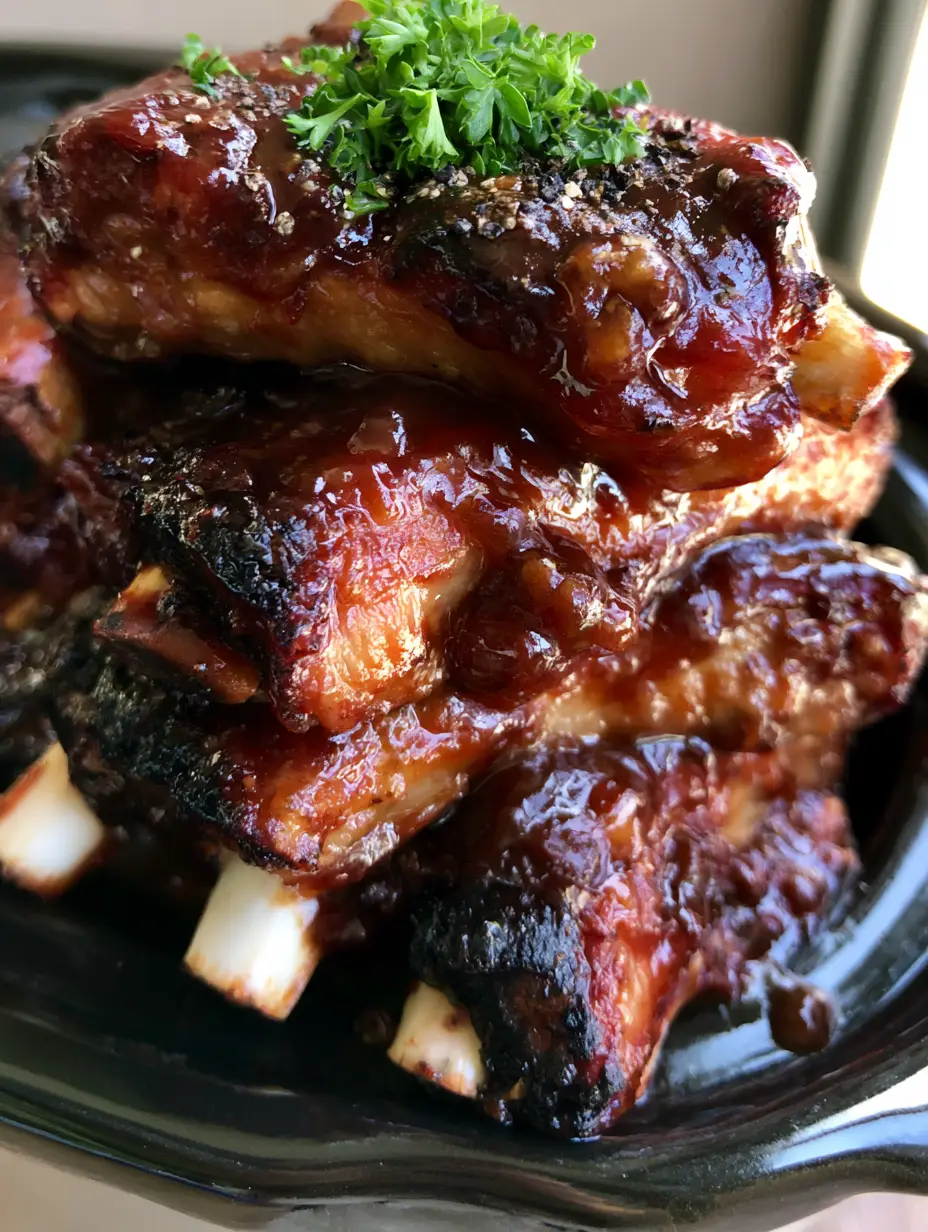 Crockpot BBQ Ribs: Fall-Off-The-Bone Mahogany Glazed Baby Back Ribs 3 Close up of succulent pork baby back ribs with caramelized charred sugar and glossy sauce. (Crockpot BBQ Ribs)