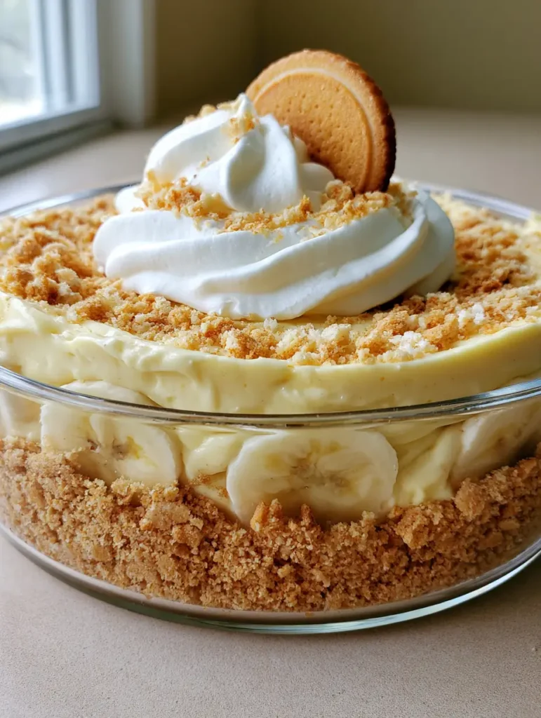 No-Bake Banana Pudding Cheesecake: The Ultimate Creamy Southern Fusion 1 Top view of No-Bake Banana Pudding Cheesecake with whipped cream peaks, one whole wafer cookie, and fine crumb dusting.