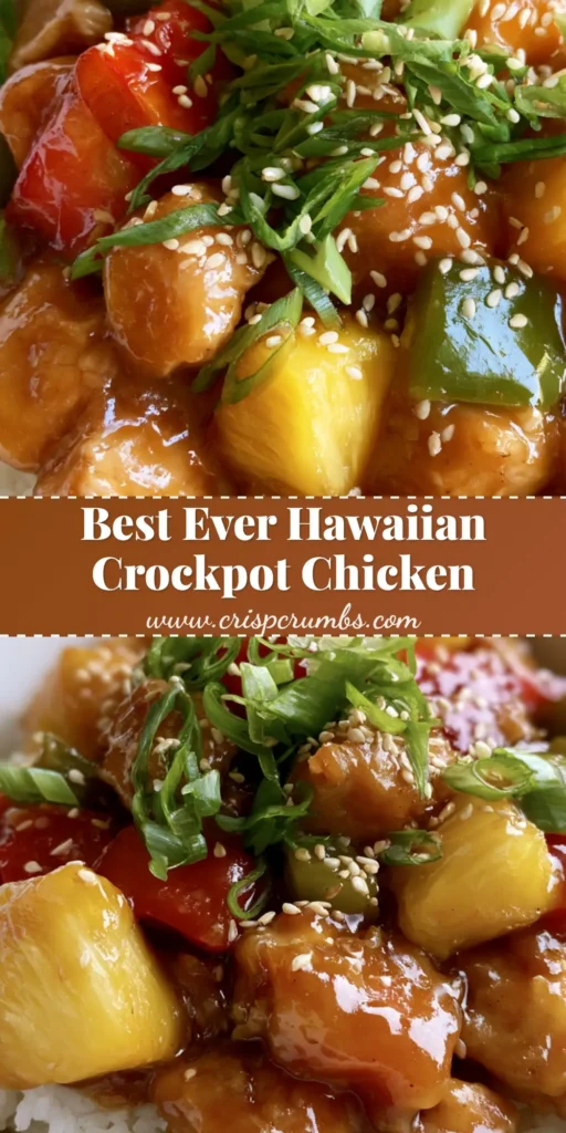 A close-up shot of Sweet Hawaiian Crockpot Chicken with glossy amber sauce, pineapple, and bell peppers over white rice.