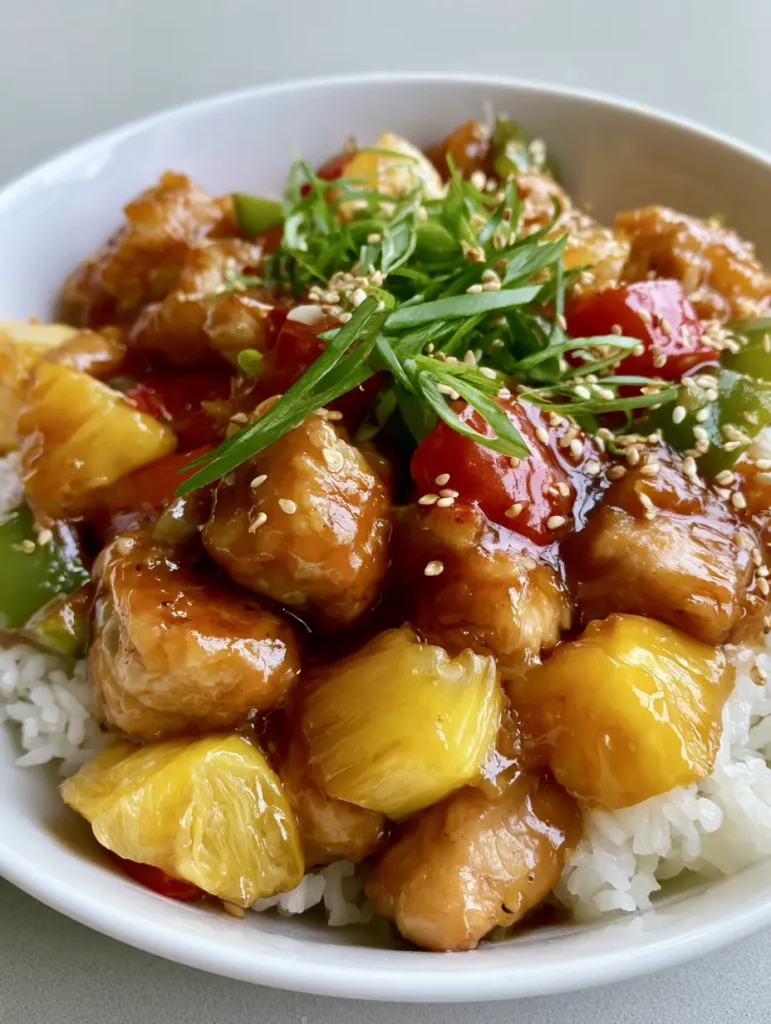 Sweet Hawaiian Crockpot Chicken garnished with green onions and sesame seeds in a white bowl.
