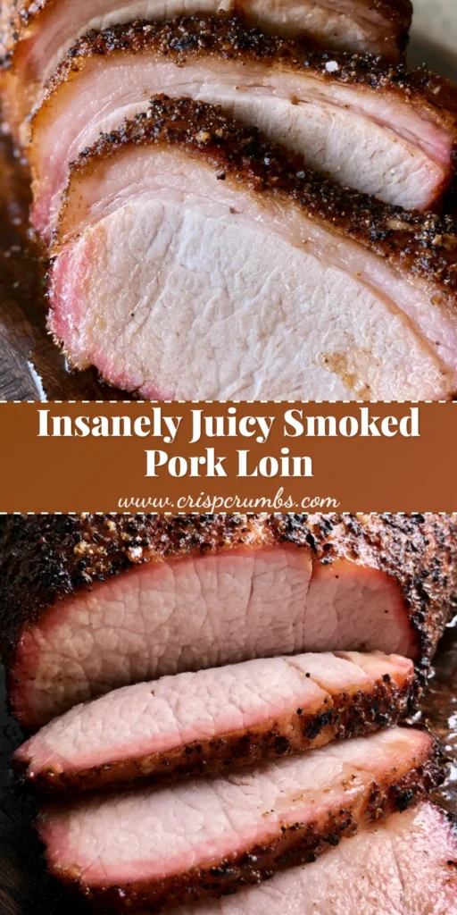 Thick slices of juicy smoked pork loin with a pink smoke ring and dark mahogany bark on a wooden board. (Smoked Pork Loin Recipe)