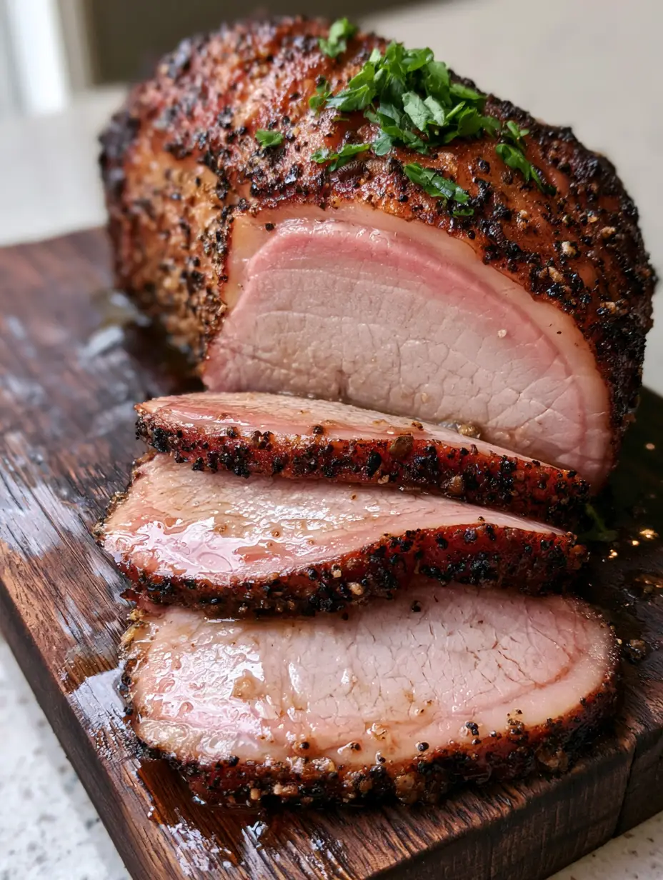 Handheld photo of sliced smoked pork loin showing glistening juices and black pepper rub. (Smoked Pork Loin Recipe)