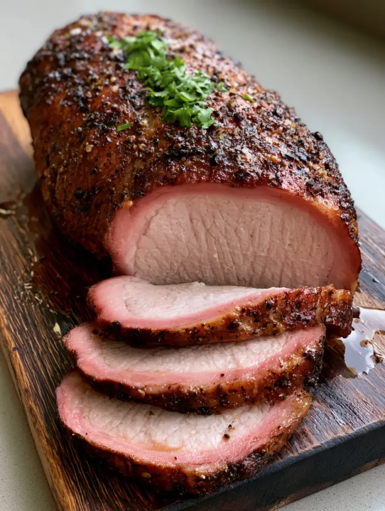 Sliced boneless smoked pork loin roast resting on a dark rustic wooden cutting board with parsley garnish. (Smoked Pork Loin Recipe)
