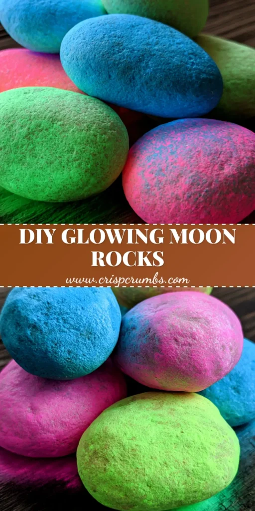 A cluster of vibrant neon blue, green, and pink Glow in the Dark Moon Rocks arranged on a dark rustic wooden surface.
