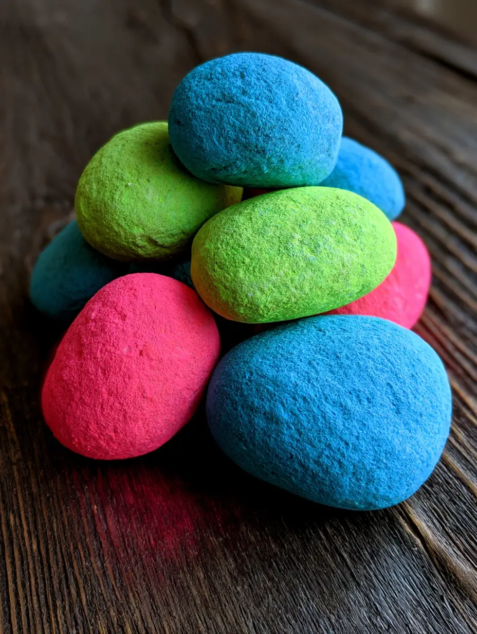 Close-up of neon blue and pink Glow in the Dark Moon Rocks showing the thick matte paint texture.
