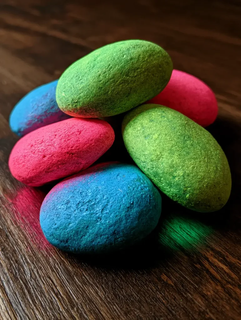 Several electric green and blue Glow in the Dark Moon Rocks radiating a soft luminosity on wood.