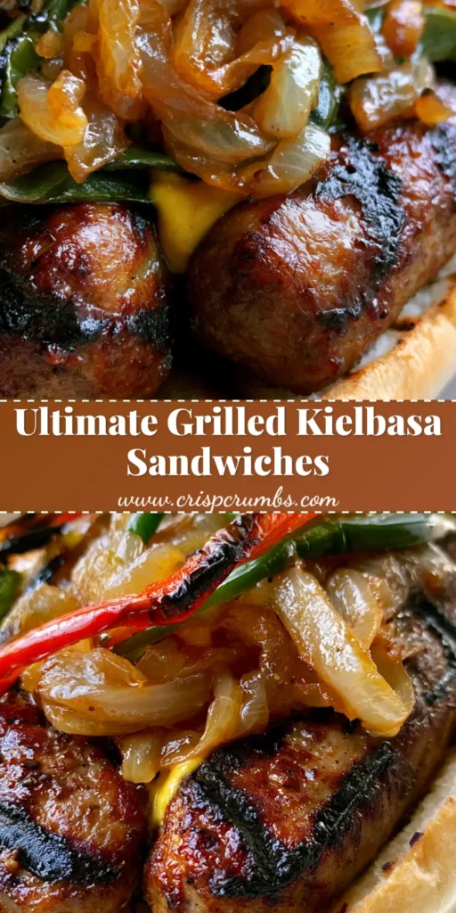 Grilled Kielbasa Sandwiches with Charred Peppers and Jammy Onions 4 A towering Grilled Kielbasa Sandwich on a toasted hoagie roll with charred peppers, jammy caramelized onions, and a yellow mustard drizzle.