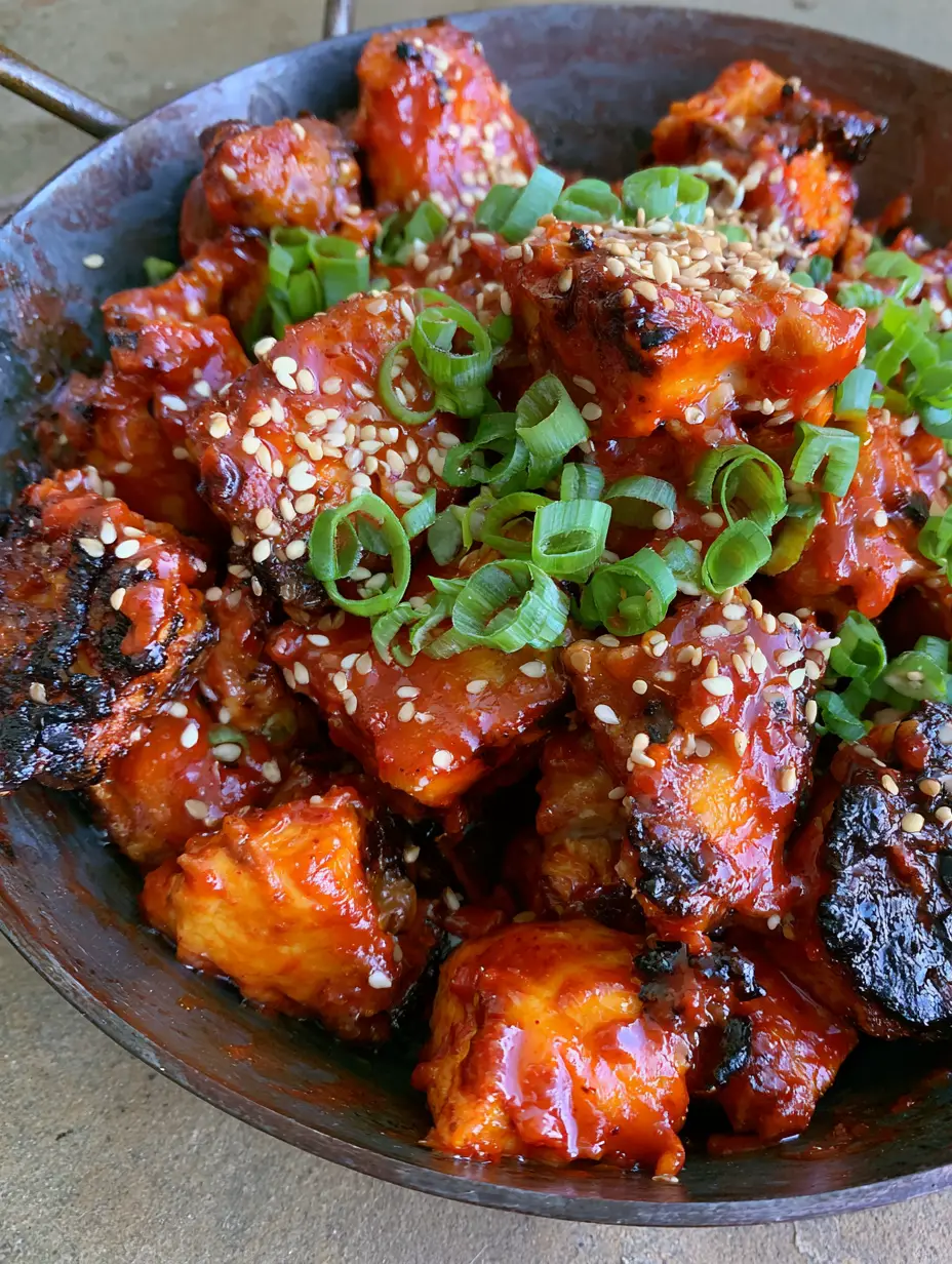 Smartphone photo of bite-sized Korean Gochujang Chicken with charred edges in a rustic pan. (Korean Gochujang Chicken)