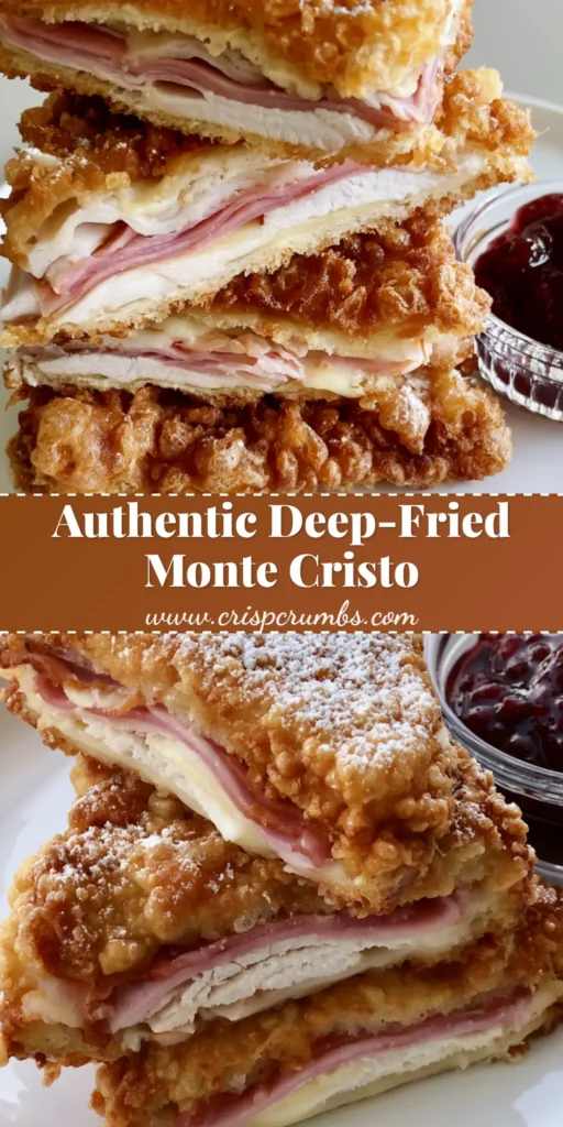 Monte Cristo Recipe: The Ultimate Deep-Fried Sweet and Savory Sandwich 4 A close-up of a stacked Monte Cristo Recipe featuring thick layers of ham and turkey with melted Swiss cheese and a golden craggy crust. (Monte Cristo Recipe)