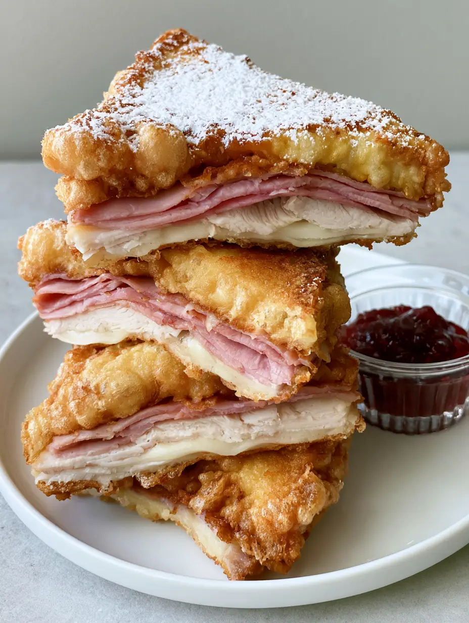 Monte Cristo Recipe: The Ultimate Deep-Fried Sweet and Savory Sandwich 3 Four triangular quarters of a Monte Cristo sandwich stacked on a plate with powdered sugar and raspberry jam. (Monte Cristo Recipe)