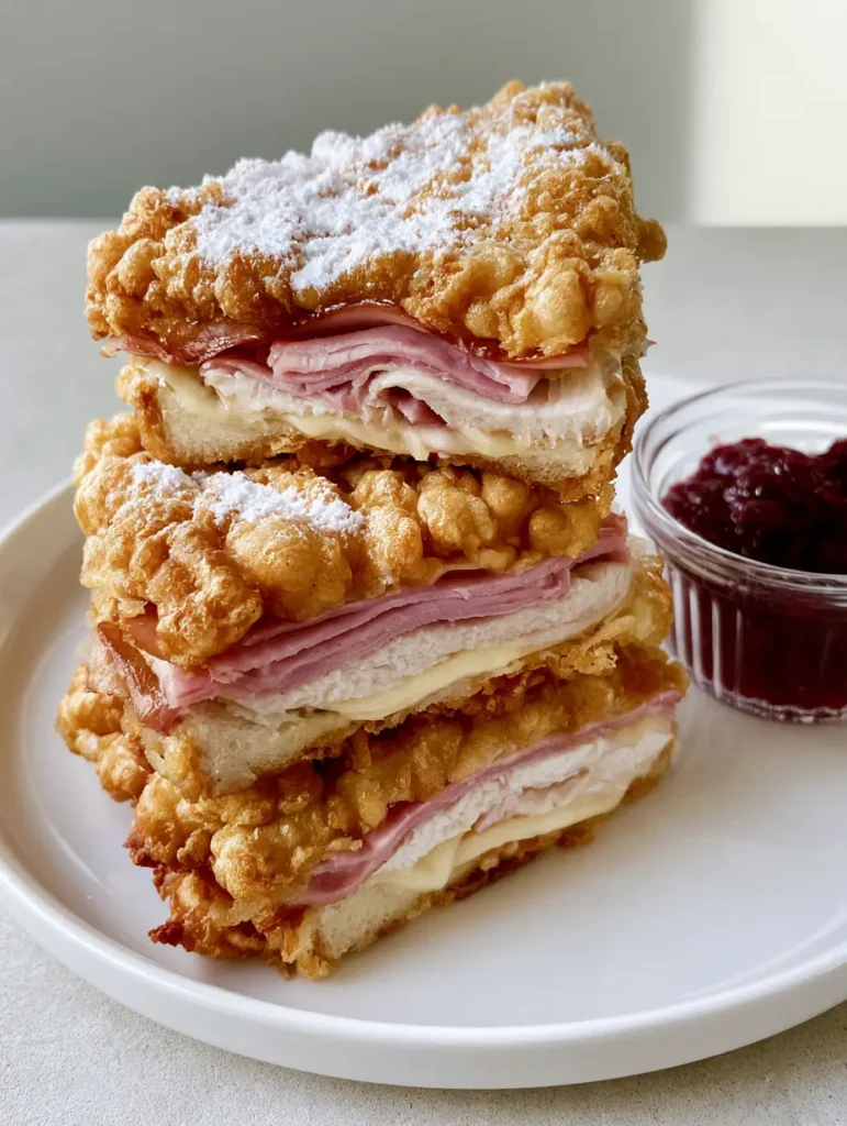 Monte Cristo Recipe: The Ultimate Deep-Fried Sweet and Savory Sandwich 1 Close up view of the bubbly, crunchy batter and melted cheese of a Monte Cristo Recipe.