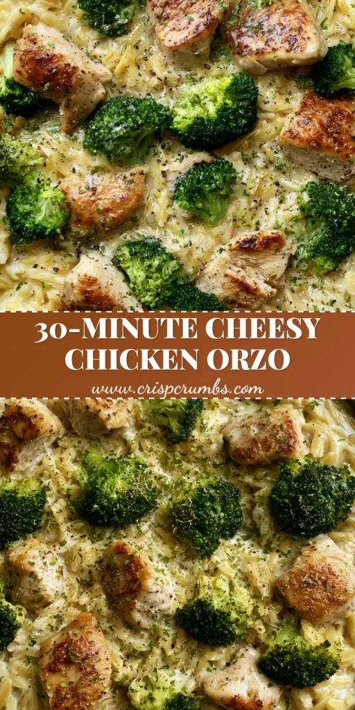 Top-down view of Cheesy Chicken and Broccoli Orzo in a metal skillet on a grey stone countertop.
