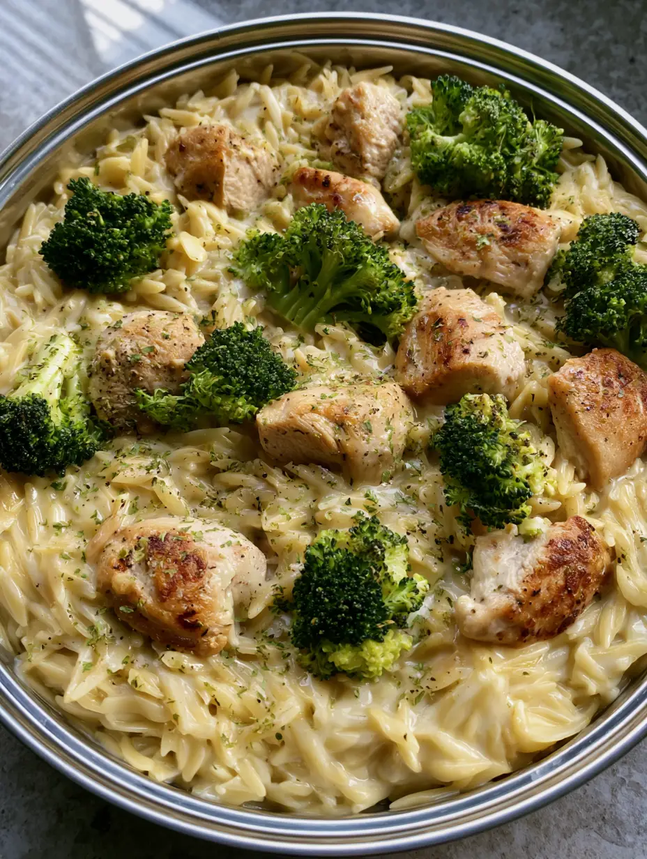 A close-up handheld photo of Cheesy Chicken and Broccoli Orzo showing the golden-brown seared chicken and bright green broccoli.