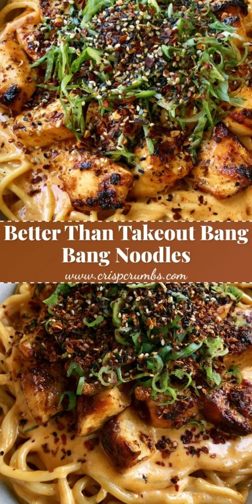 Bang Bang Chicken Noodles with Creamy Chili Sauce 4 A handheld smartphone photo of Bang Bang Chicken Noodles in a matte ceramic bowl, featuring thick tangled noodles in orange sauce and caramelized chicken. (Bang Bang Chicken Noodles)