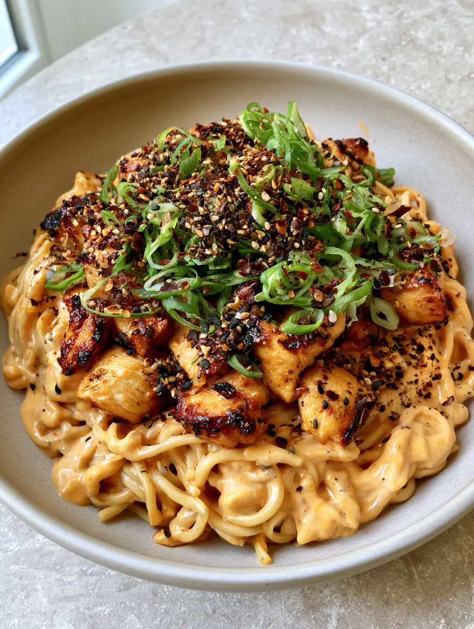 Bang Bang Chicken Noodles with Creamy Chili Sauce 3 Close-up of thick tangled wheat noodles coated in opaque pale-orange Bang Bang sauce with toasted sesame seeds. (Bang Bang Chicken Noodles)