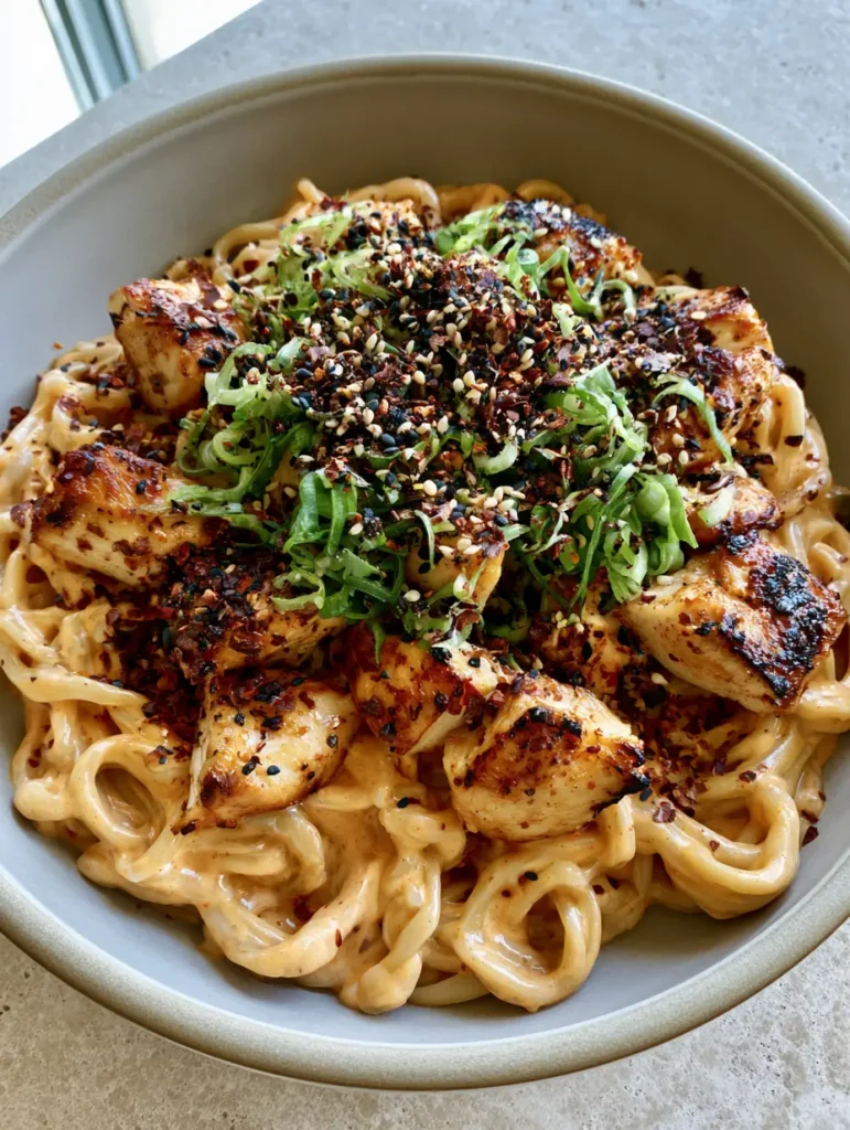 Bang Bang Chicken Noodles with Creamy Chili Sauce 1 A overhead shot of Bang Bang Chicken Noodles showing golden-brown caramelized chicken and vibrant green scallion garnish.