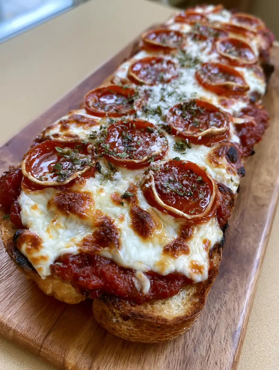 French Bread Pizza Recipe: The Ultimate Crispy Baguette Masterclass 3 Top view of French Bread Pizza Recipe showing vibrant red sauce and glistening pepperoni. (French Bread Pizza Recipe)