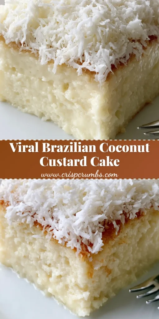 A thick square slice of Brazilian Coconut Custard Cake with heavy shredded coconut topping on a white plate. (Brazilian Coconut Custard Cake)
