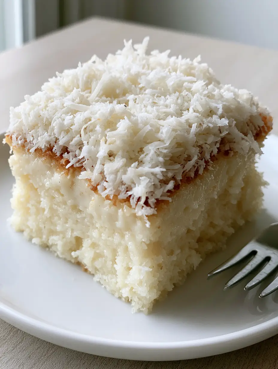 Close-up of the dense custard base of a Brazilian Coconut Custard Cake with shredded coconut flakes. (Brazilian Coconut Custard Cake)