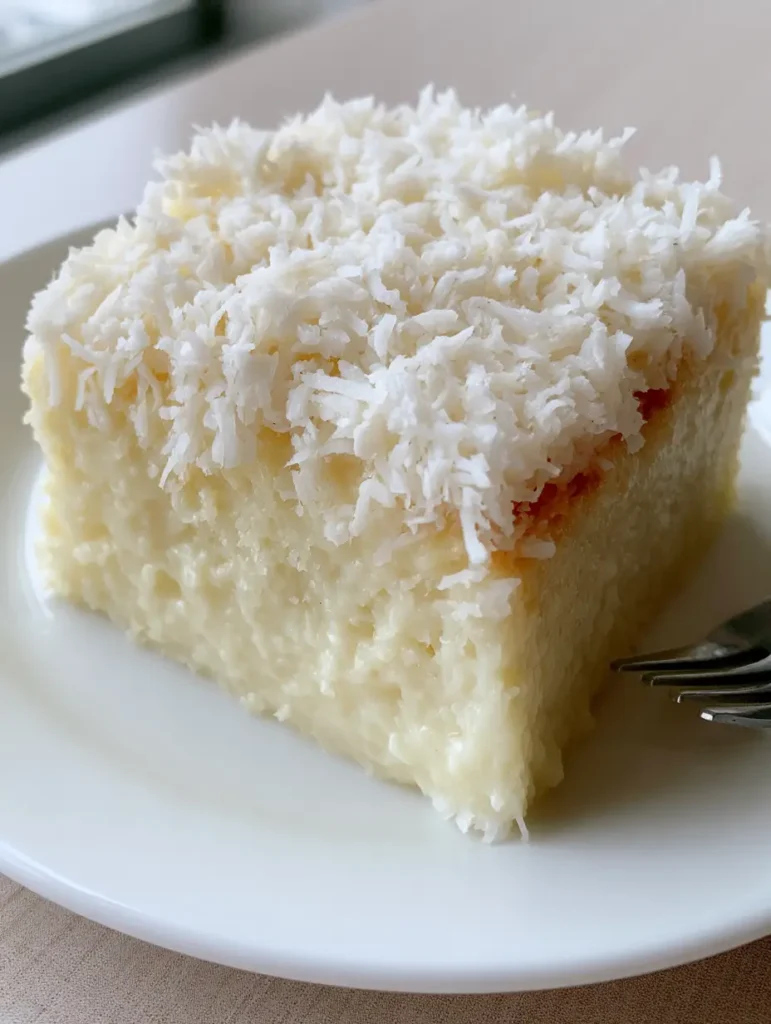 A top-down view of a thick square slice of Brazilian Coconut Custard Cake with a dessert fork.