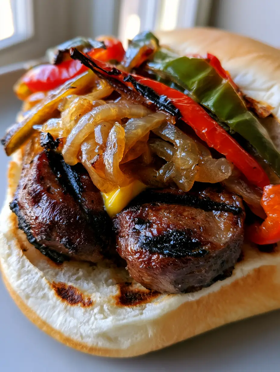 Grilled Kielbasa Sandwiches with Charred Peppers and Jammy Onions 3 Close-up of Grilled Kielbasa Sandwiches showing deep char marks on the sausage and translucent caramelized onions.