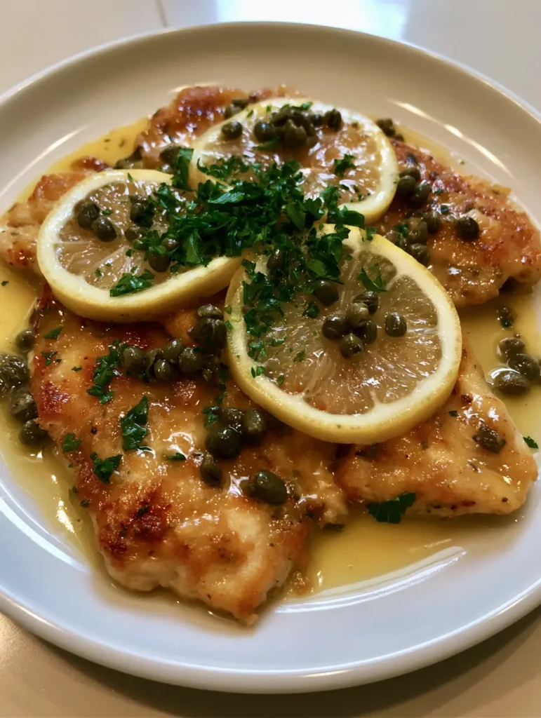 Close up of glossy lemon butter sauce with capers and lemon wheels on seared chicken.