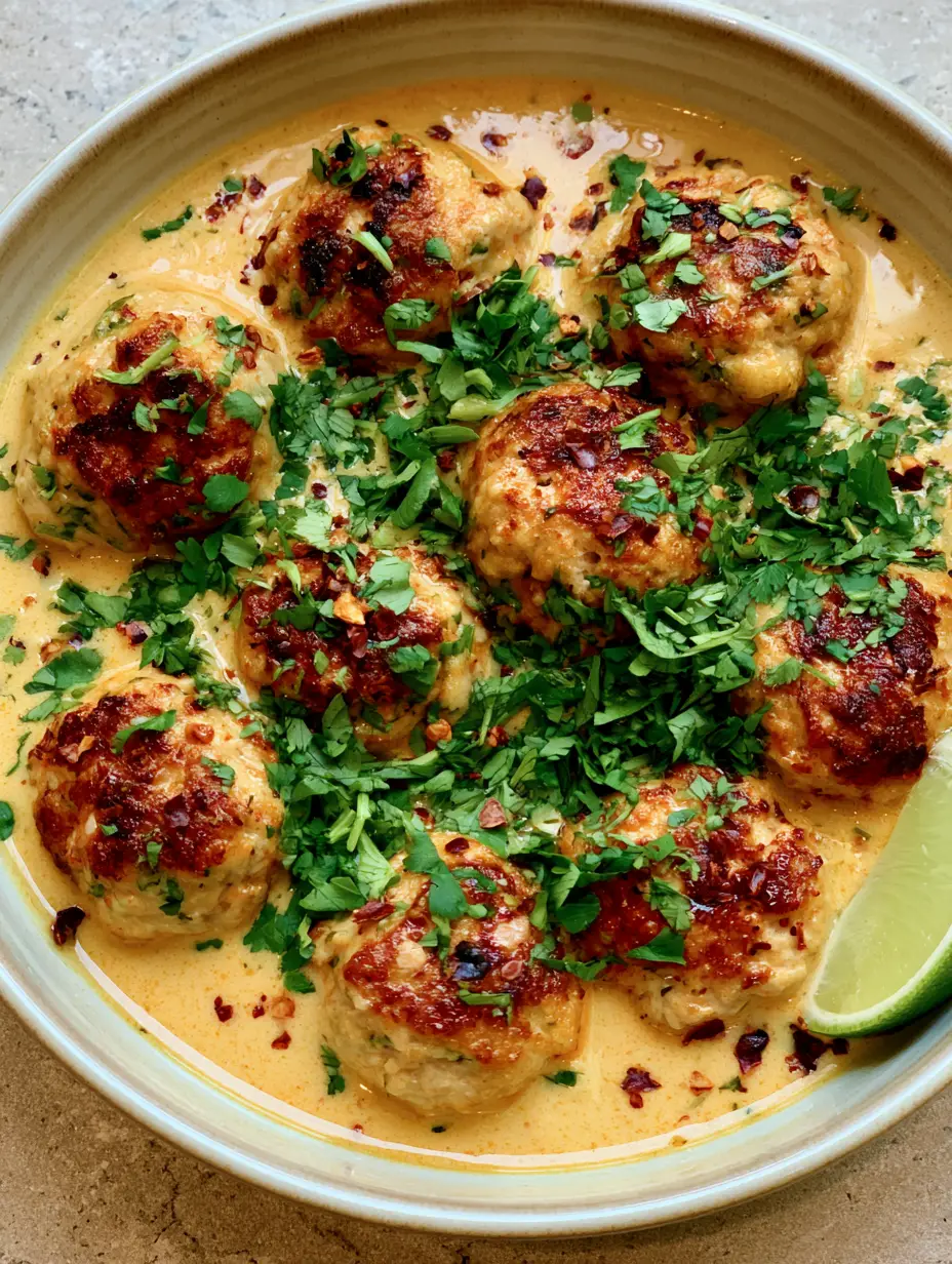 Coconut Chicken Meatballs with Velvety Red Curry Sauce 3 Close-up of golden-brown seared ground chicken meatballs nestled in a thick, velvety coconut curry sauce with green cilantro.