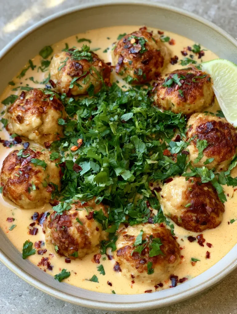 Coconut Chicken Meatballs with Velvety Red Curry Sauce 1 Top-down view of Coconut Chicken Meatballs in a ceramic bowl with lime wedges and chili flake garnish on a neutral stone background.
