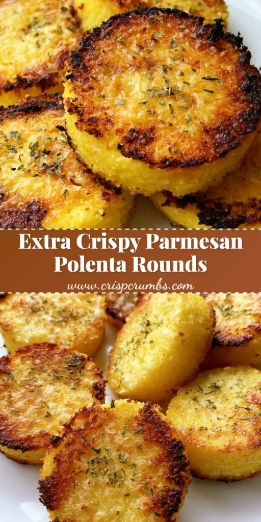 Crispy Parmesan Polenta Rounds with Golden Charred Edges 3 A stack of Crispy Parmesan Polenta Rounds on a white plate with visible toasted cheese and green herbs.