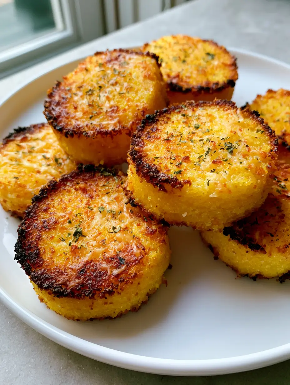Crispy Parmesan Polenta Rounds with Golden Charred Edges 4 Smartphone photo of golden-brown baked polenta rounds on a white plate with charred edges and parmesan crust.