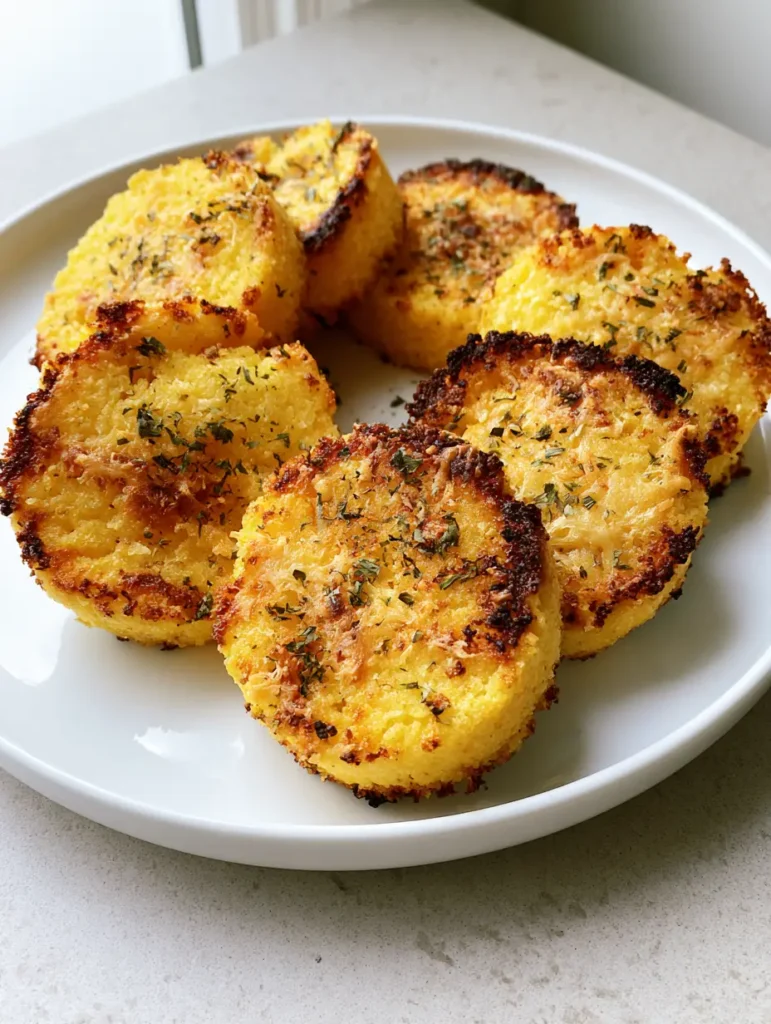 Crispy Parmesan Polenta Rounds with Golden Charred Edges 1 Close up of polenta rounds on a grey stone countertop showing the texture of melted parmesan and dried herbs.