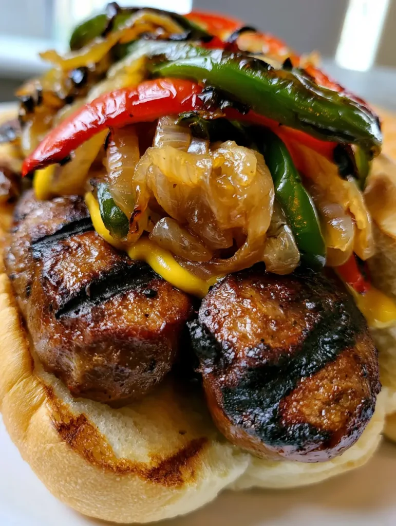 Grilled Kielbasa Sandwiches with Charred Peppers and Jammy Onions 1 Handheld photo of a Grilled Kielbasa Sandwich with blistered red and green bell peppers on a toasted bun.