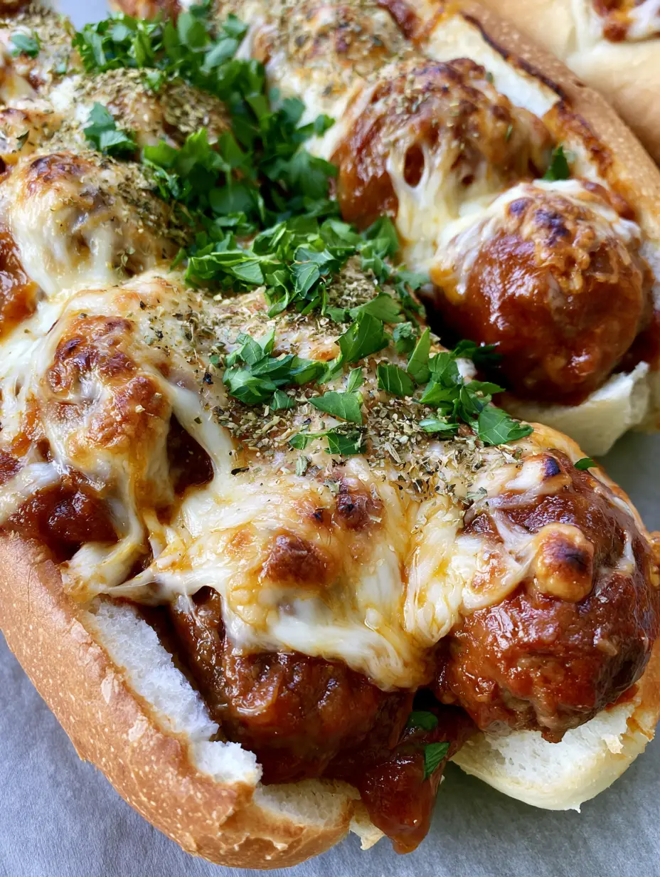 Detailed view of succulent beef meatballs inside a toasted hoagie roll covered in stringy mozzarella and provolone. (Cheesy Meatball Subs)